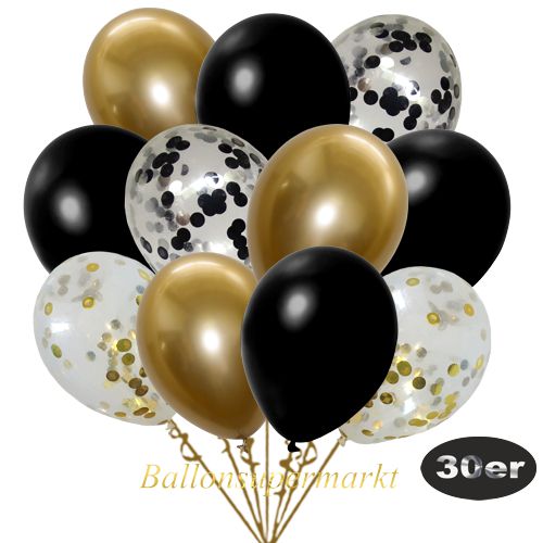 Partydeko Luftballon Set 30er, konfetti-luftballons-30-stueck-gold-konfetti-schwarz-konfetti-und-metallic-schwarz-chrome-gold-30-cm