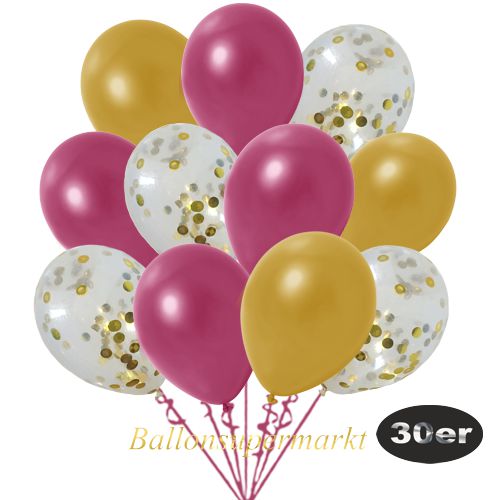 Partydeko Luftballon Set 30er, konfetti-luftballons-30-stueck-gold-konfetti-und-metallic-gold-metallic-burgund-30-cm