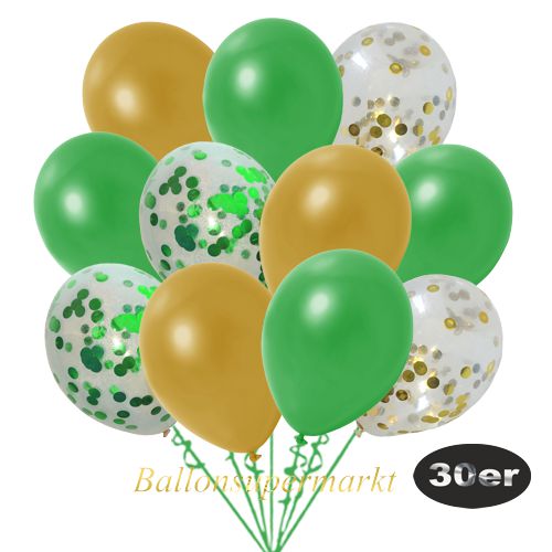 Partydeko Luftballon Set 30er, konfetti-luftballons-30-stueck-gold-konfetti-gruen-konfetti-und-metallic-gruen-metallic-gold-30-cm