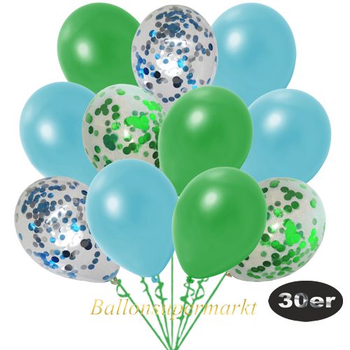 Partydeko Luftballon Set 30er, konfetti-luftballons-30-stueck-gruen-konfetti-hellblau-konfetti-und-metallic-gruen-metallic-hellblau-30-cm
