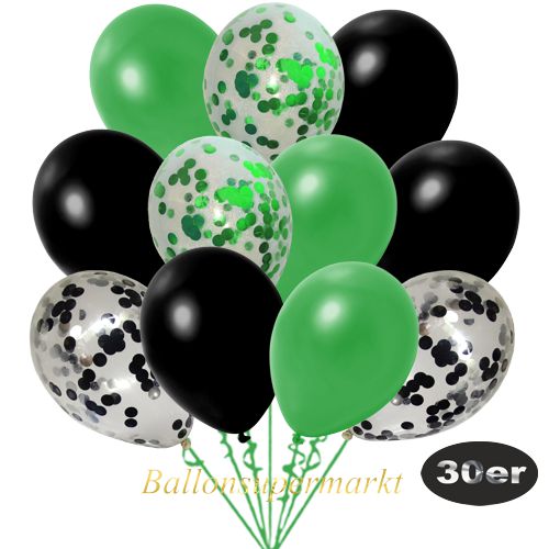 Partydeko Luftballon Set 30er, konfetti-luftballons-30-stueck-gruen-konfetti-schwarz-konfetti-und-metallic-gruen-metallic-schwarz-30-cm