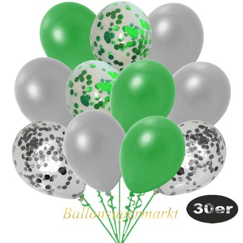 Partydeko Luftballon Set 30er, konfetti-luftballons-30-stueck-silber-konfetti-gruen-konfetti-und-metallic-gruen-metallic-silber-30-cm