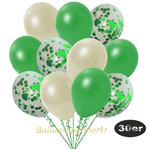 Partydeko Luftballon Set 30er, konfetti-luftballons-30-stueck-gruen-konfettiund-metallic-gruen-metallic-elfenbein-30-cm