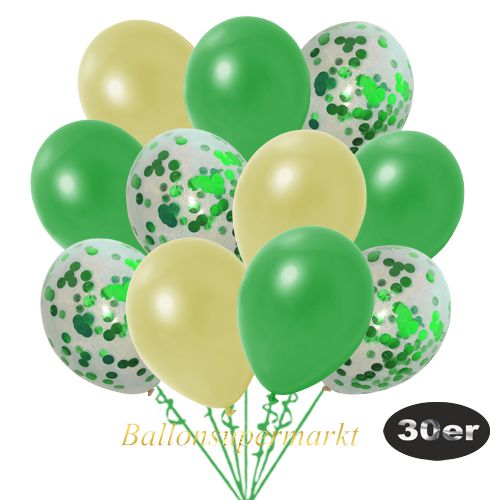 Partydeko Luftballon Set 30er, konfetti-luftballons-30-stueck-gruen-konfetti-und-metallic-gruen-metallic-pastellgelb-30-cm
