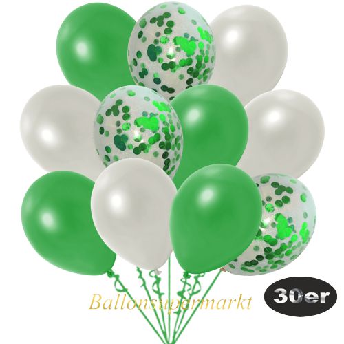 Partydeko Luftballon Set 30er, konfetti-luftballons-30-stueck-gruen-konfetti-und-metallic-gruen-metallic-weiss-30-cm