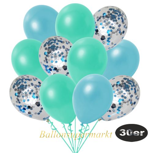 Partydeko Luftballon Set 30er, konfetti-luftballons-30-stueck-hellblau-konfetti-und-metallic-hellblau-metallic-aquamarin-30-cm