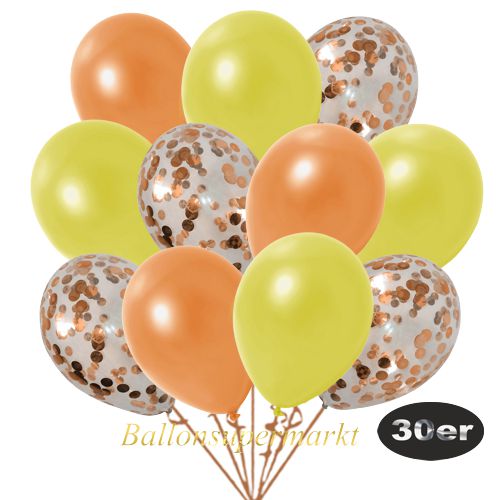 Partydeko Luftballon Set 30er, konfetti-luftballons-30-stueck-orange-konfetti-und-metallic-orange-metallic-gelb-30-cm