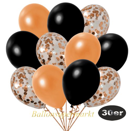 Partydeko Luftballon Set 30er, konfetti-luftballons-30-stueck-orange-konfetti-und-metallic-orange-metallic-schwarz-30-cm