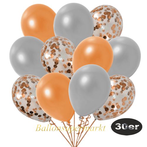 Partydeko Luftballon Set 30er, konfetti-luftballons-30-stueck-orange-konfetti-und-metallic-orange-metallic-silber-30-cm