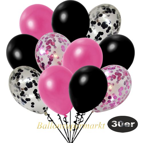 Partydeko Luftballon Set 30er, konfetti-luftballons-30-stueck-pink-konfetti-schwarz-konfetti-und-metallic-pink-metallic-schwarz-30-cm