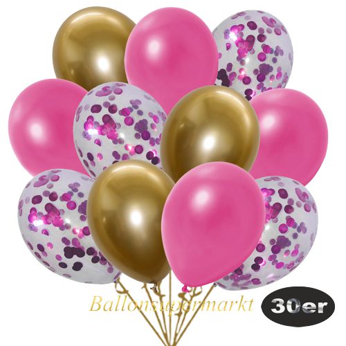 Partydeko Luftballon Set 30er, konfetti-luftballons-30-stueck-pink-konfetti-und-metallic-pink-chrome-gold-30-cm