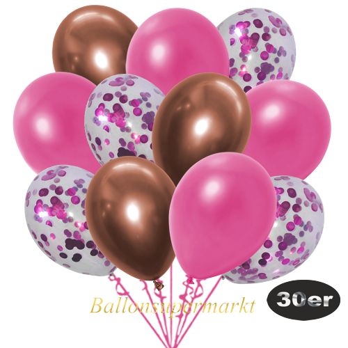 Partydeko Luftballon Set 30er, konfetti-luftballons-30-stueck-pink-konfetti-und-metallic-pink-chrome-kupfer-30-cm
