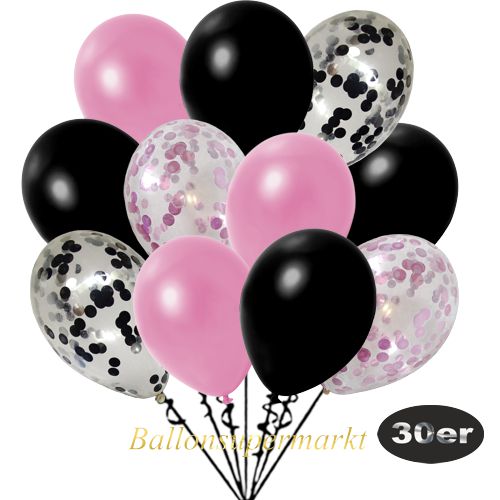 Partydeko Luftballon Set 30er, konfetti-luftballons-30-stueck-rosa-konfetti-schwarz-konfetti-und-metallic-rose-metallic-schwarz-30-cm
