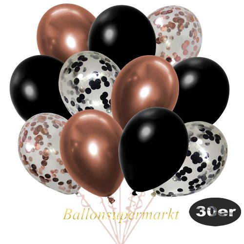 Partydeko Luftballon Set 30er, konfetti-luftballons-30-stueck-rosegold-konfetti-schwarz-konfetti-und-metallic-schwarz-chrome-kupfer-30-cm