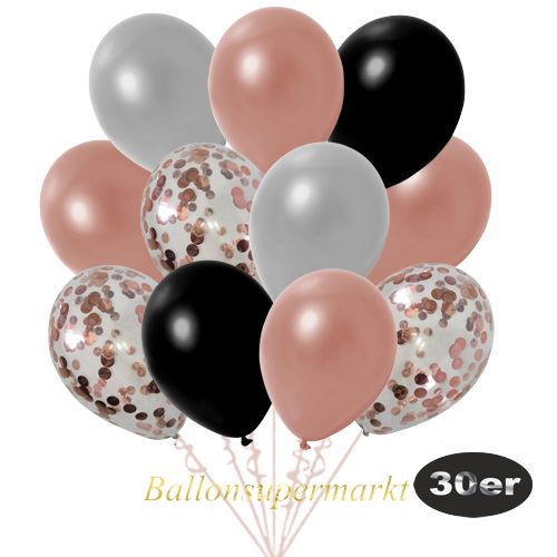 Partydeko Luftballon Set 30er, konfetti-luftballons-30-stueck-rosegold-konfetti-und-metallic-schwarz-metallic-rosegold-metallic-silber-30-cm