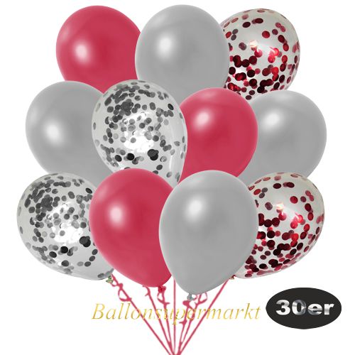 Partydeko Luftballon Set 30er, konfetti-luftballons-30-stueck-rot-konfetti-silber-konfetti-und-metallic-rot-metallic-silber-30-cm