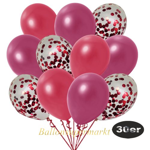 Partydeko Luftballon Set 30er, konfetti-luftballons-30-stueck-rot-konfetti-und-metallic-rot-metallic-burgund-30-cm