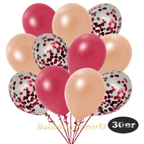 Partydeko Luftballon Set 30er, konfetti-luftballons-30-stueck-rot-konfetti-und-metallic-rot-metallic-lachs-30-cm