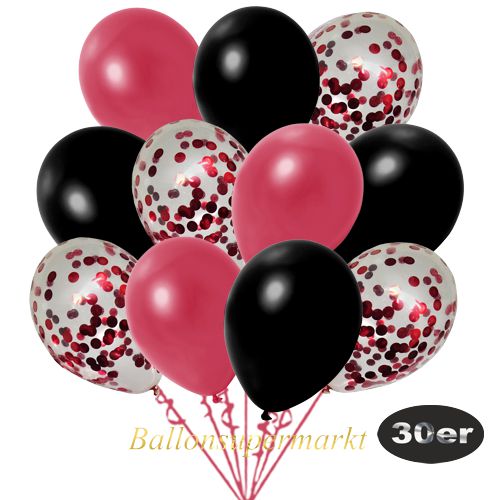 Partydeko Luftballon Set 30er, konfetti-luftballons-30-stueck-rot-konfetti-und-metallic-rot-metallic-schwarz-30-cm