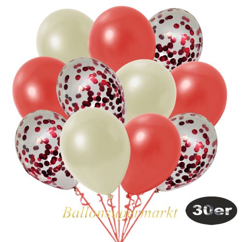 Partydeko Luftballon Set 30er, konfetti-luftballons-30-stueck-rot-konfetti-und-metallic-warmrot-metallic-elfenbein-30-cm