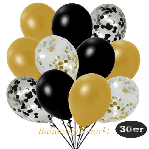 Partydeko Luftballon Set 30er, konfetti-luftballons-30-stueck-schwarz-konfetti-gold-konfetti-und-metallic-schwarz-metallic-gold-30-cm