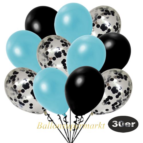 Partydeko Luftballon Set 30er, konfetti-luftballons-30-stueck-schwarz-konfetti-und-metallic-hellblau-metallic-schwarz-30-cm