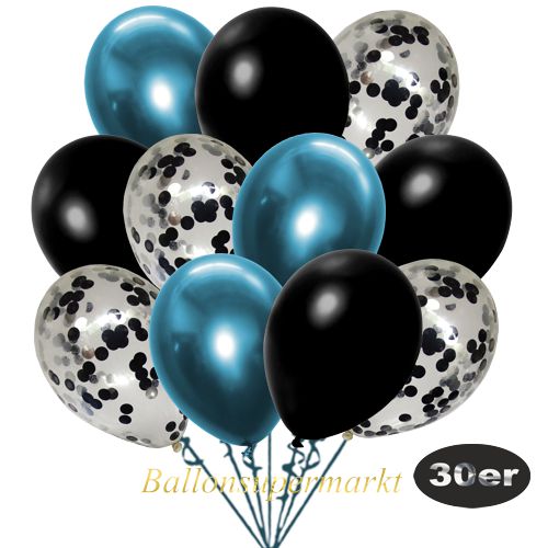 Partydeko Luftballon Set 30er, konfetti-luftballons-30-stueck-schwarz-konfetti-und-metallic-schwarz-chrome-blau-30-cm