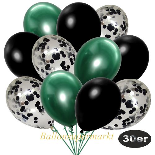 Partydeko Luftballon Set 30er, konfetti-luftballons-30-stueck-schwarz-konfetti-und-metallic-schwarz-chrome-gruen-30-cm