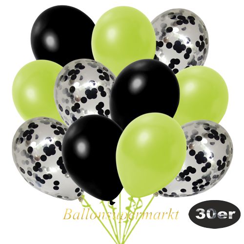 Partydeko Luftballon Set 30er, konfetti-luftballons-30-stueck-schwarz-konfetti-und-metallic-apfelgruen-metallic-schwarz-30-cm
