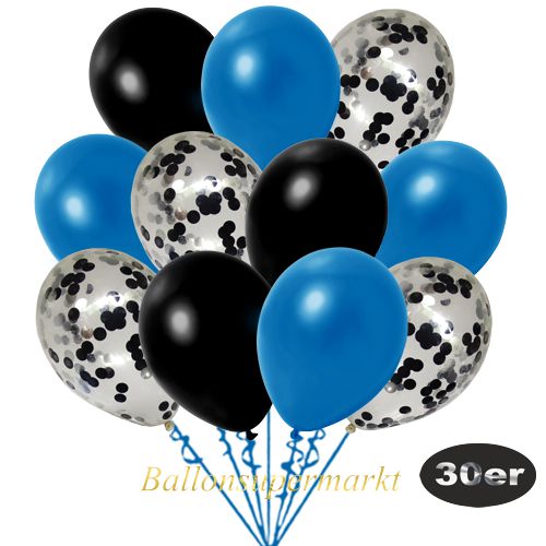 Partydeko Luftballon Set 30er, konfetti-luftballons-30-stueck-schwarz-konfetti-und-metallic-blau-metallic-schwarz-30-cm