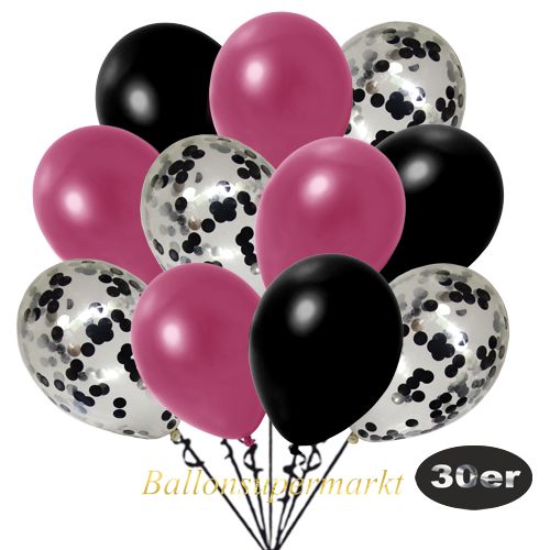 Partydeko Luftballon Set 30er, konfetti-luftballons-30-stueck-schwarz-konfetti-und-metallic-burgund-metallic-schwarz-30-cm