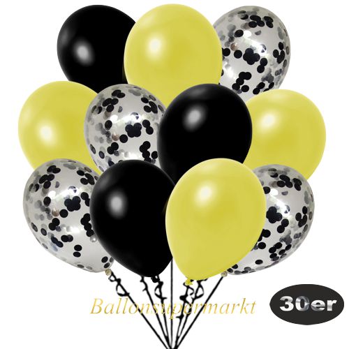 Partydeko Luftballon Set 30er, konfetti-luftballons-30-stueck-schwarz-konfetti-und-metallic-gelb-metallic-schwarz-30-cm
