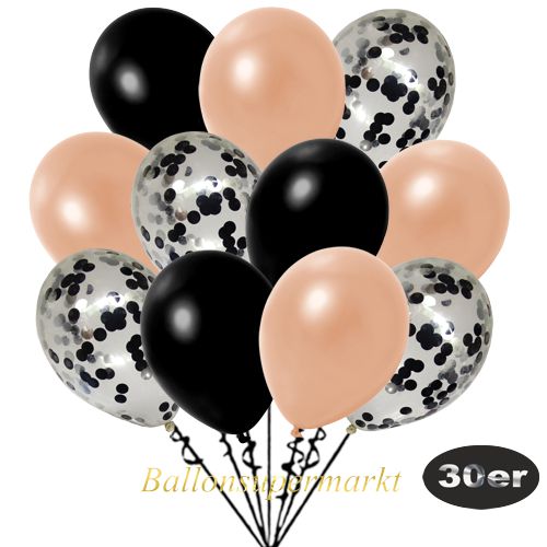 Partydeko Luftballon Set 30er, konfetti-luftballons-30-stueck-schwarz-konfetti-und-metallic-lachs-metallic-schwarz-30-cm