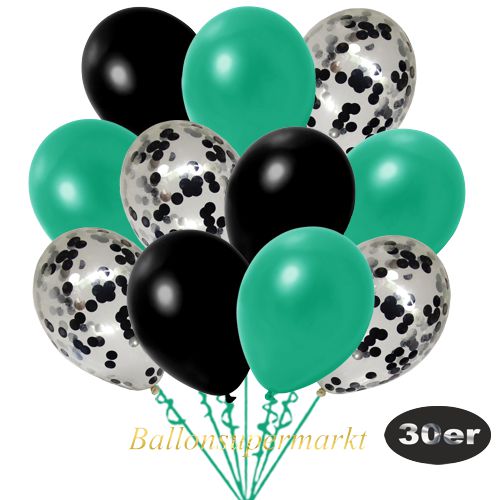Partydeko Luftballon Set 30er, konfetti-luftballons-30-stueck-schwarz-konfetti-und-metallic-tuerkisgruen-metallic-schwarz-30-cm