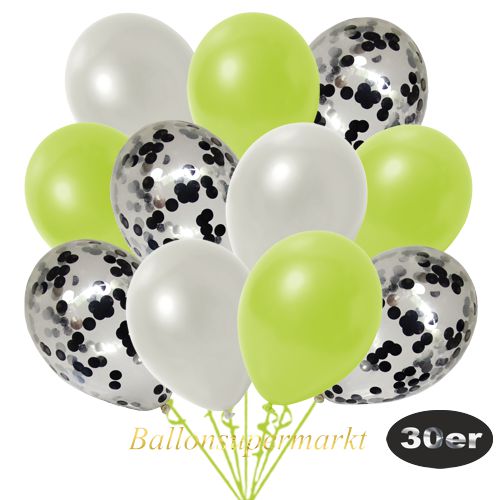 Partydeko Luftballon Set 30er, konfetti-luftballons-30-stueck-schwarz-konfetti-und-metallic-weiss-metallic-apfelgruen-30-cm