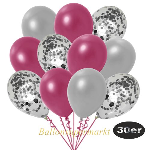 Partydeko Luftballon Set 30er, konfetti-luftballons-30-stueck-silber-konfetti-und-metallic-burgund-metallic-silber-30-cm