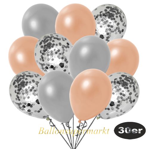 Partydeko Luftballon Set 30er, konfetti-luftballons-30-stueck-silber-konfetti-und-metallic-lachs-metallic-silber-30-cm