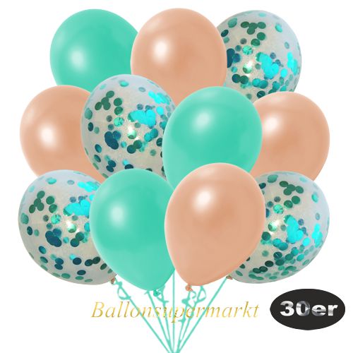 Partydeko Luftballon Set 30er, konfetti-luftballons-30-stueck-tuerkis-konfetti-und-metallic-aquamarin-metallic-lachs-30-cm