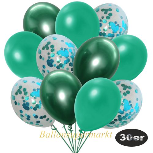 Partydeko Luftballon Set 30er, konfetti-luftballons-30-stueck-tuerkis-konfetti-und-metallic-tuerkisgruen-chrome-gruen-30-cm