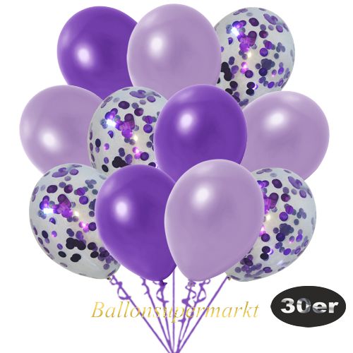 Partydeko Luftballon Set 30er, konfetti-luftballons-30-stueck-violett-konfetti-und-metallic-lila-metallic-violett-30-cm