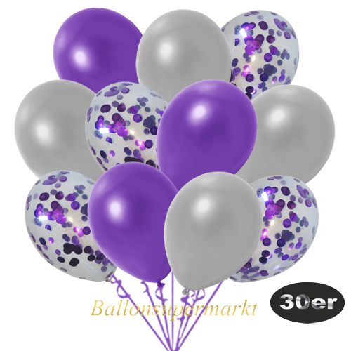 Partydeko Luftballon Set 30er, konfetti-luftballons-30-stueck-violett-konfetti-und-metallic-silber-metallic-violett-30-cm