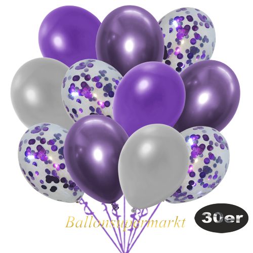 Partydeko Luftballon Set 30er, konfetti-luftballons-30-stueck-violett-konfetti-und-metallic-violett-metallic-silber-chrome-lila-30-cm