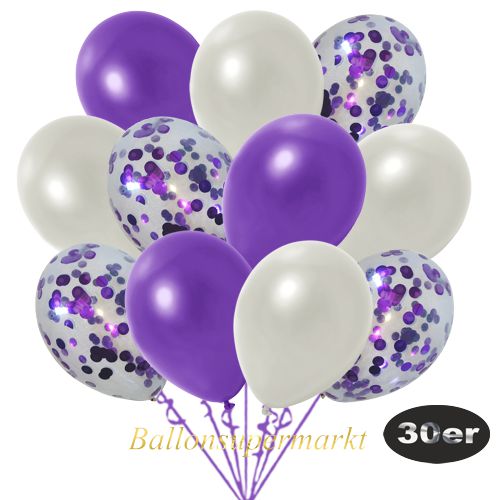 Partydeko Luftballon Set 30er, konfetti-luftballons-30-stueck-violett-konfetti-und-metallic-weiss-metallic-violett-30-cm