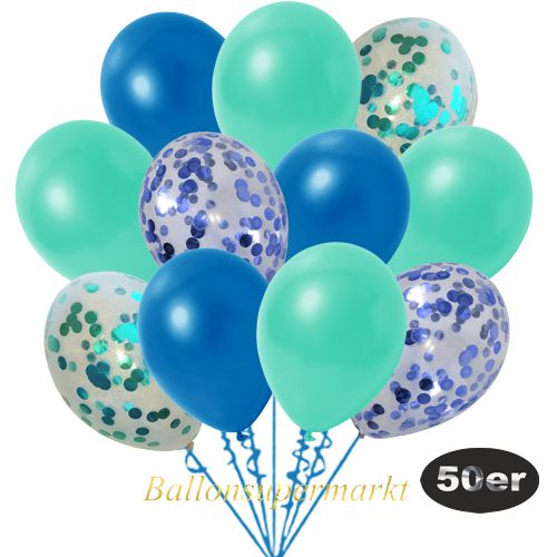 Partydeko Luftballon Set 50er, konfetti-luftballons-50-stueck-blau-konfetti-aquamarin-konfetti-und-metallic-blau-metallic-aquamarin-30-cm