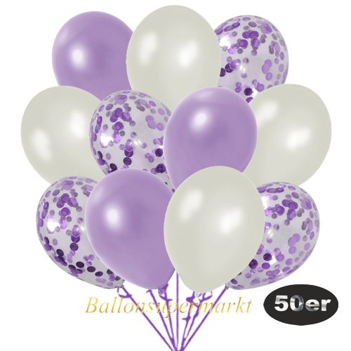 Partydeko Luftballon Set 50er, konfetti-luftballons-50-stueck-flieder-konfetti-und-metallic-lila-metallic-perlmutt-30-cm