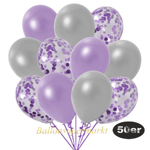 Partydeko Luftballon Set 50er, konfetti-luftballons-50-stueck-flieder-konfetti-und-metallic-lila-metallic-silber-30-cm