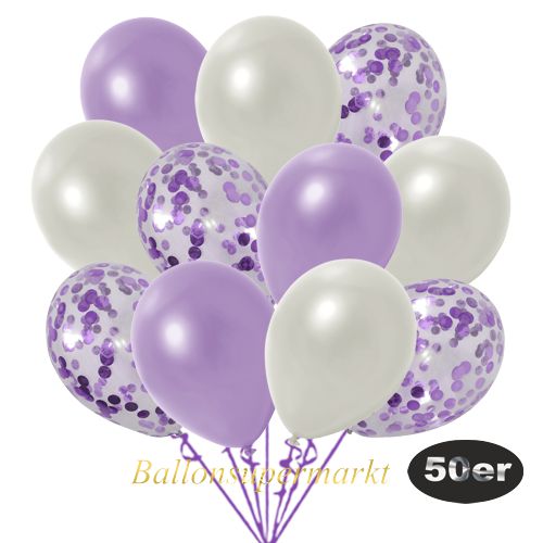 Partydeko Luftballon Set 50er, konfetti-luftballons-50-stueck-flieder-konfetti-und-metallic-lila-metallic-weiss-30-cm