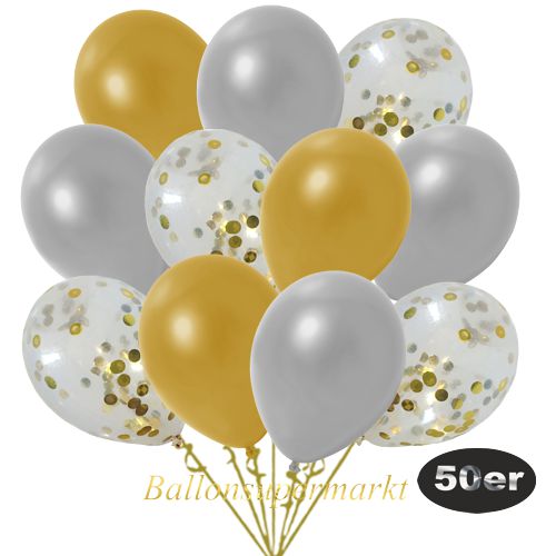 Partydeko Luftballon Set 50er, konfetti-luftballons-50-stueck-gold-konfetti-und-metallic-silber-metallic-gold-30-cm