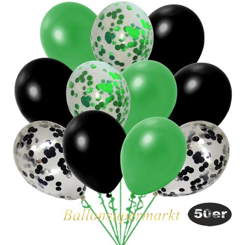 Partydeko Luftballon Set 50er, konfetti-luftballons-50-stueck-gruen-konfetti-schwarz-konfetti-und-metallic-gruen-metallic-schwarz-30-cm