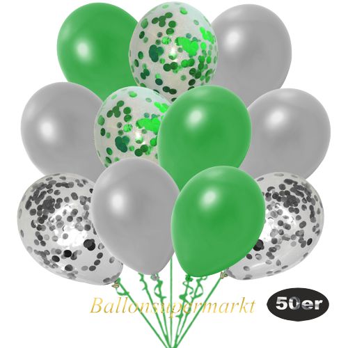 Partydeko Luftballon Set 50er, konfetti-luftballons-50-stueck-gruen-konfetti-silber-konfetti-und-metallic-gruen-metallic-silber-30-cm